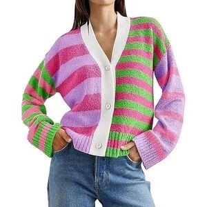 Kidcore Pastel Colorblock Striped Cardigan - Fuzzy Pink Green Purple Knit S NWT